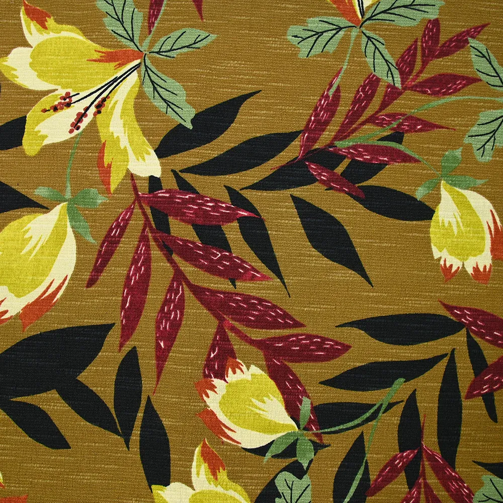 Coton élasthanne imprimé doupionné grandes fleurs fond moutarde