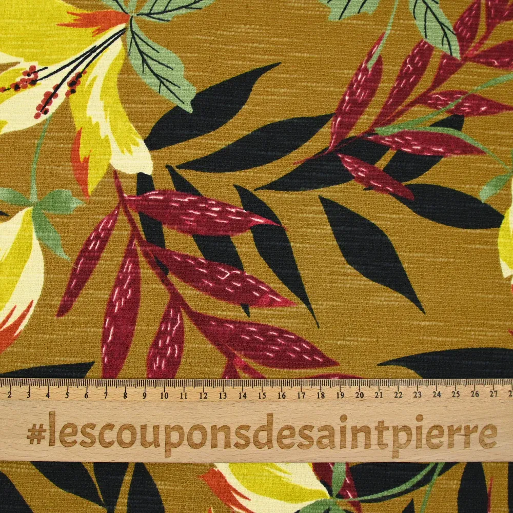 Coton élasthanne imprimé doupionné grandes fleurs fond moutarde – Image 3