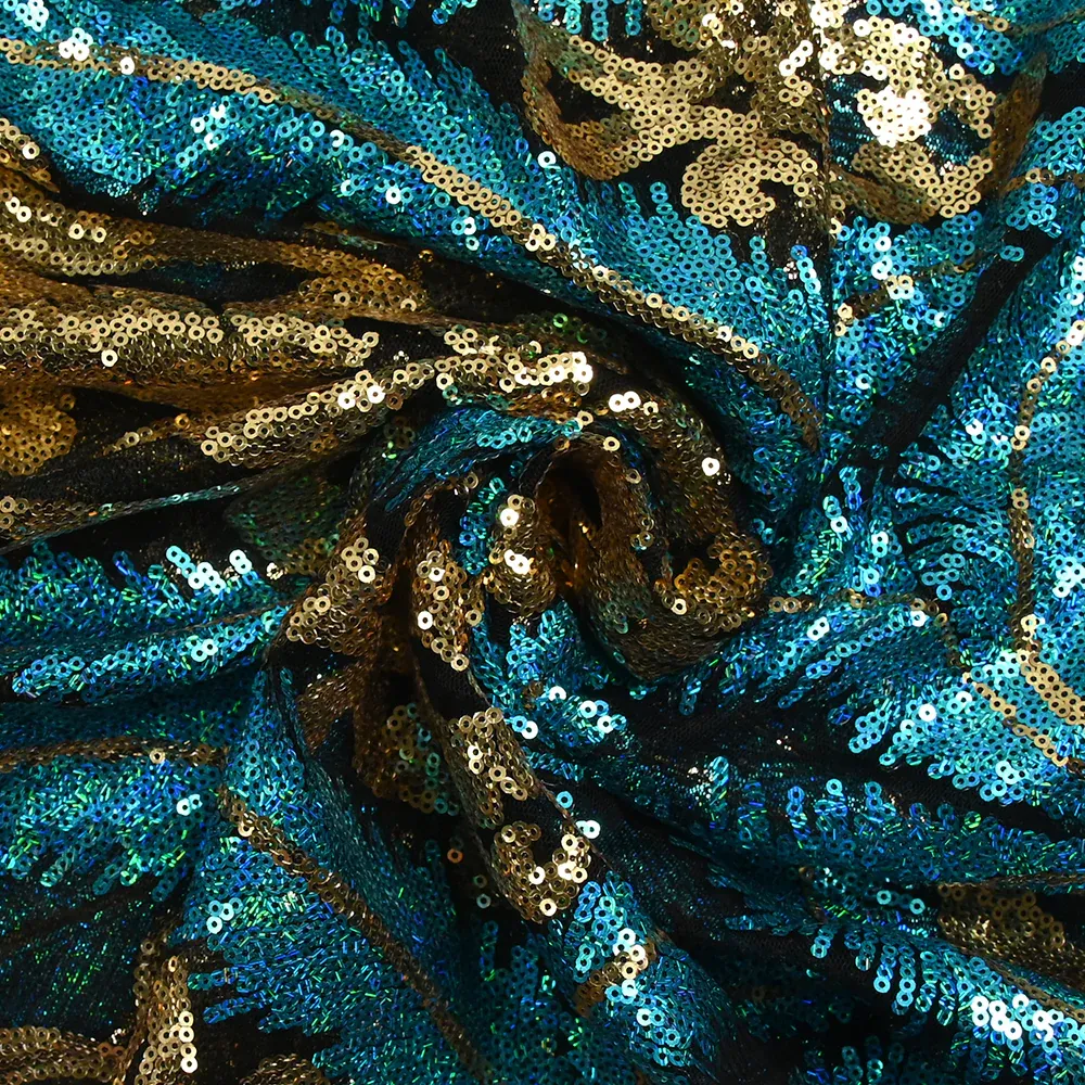 Tulle sequin plumes royales or et bleu turquoise – Image 2