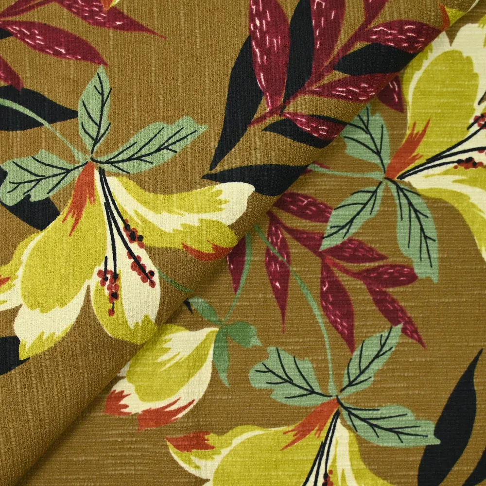 Coton élasthanne imprimé doupionné grandes fleurs fond moutarde – Image 4