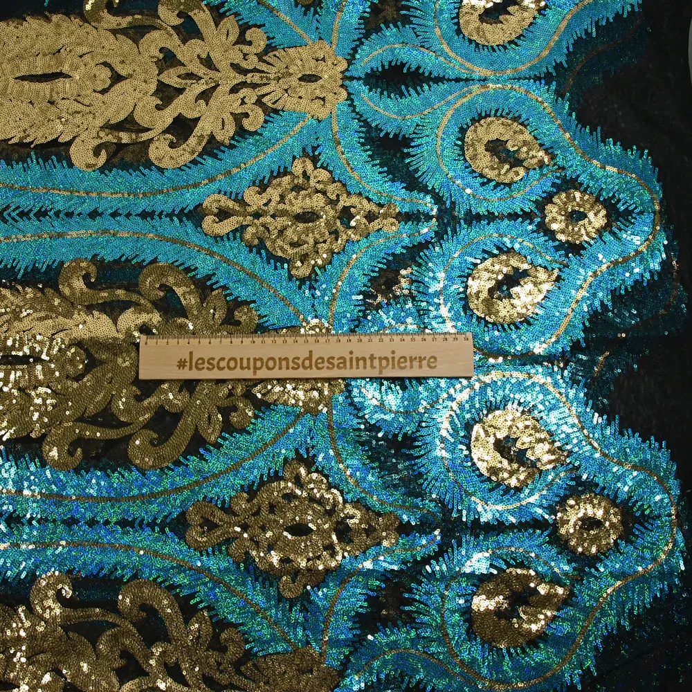 Tulle sequin plumes royales or et bleu turquoise – Image 3