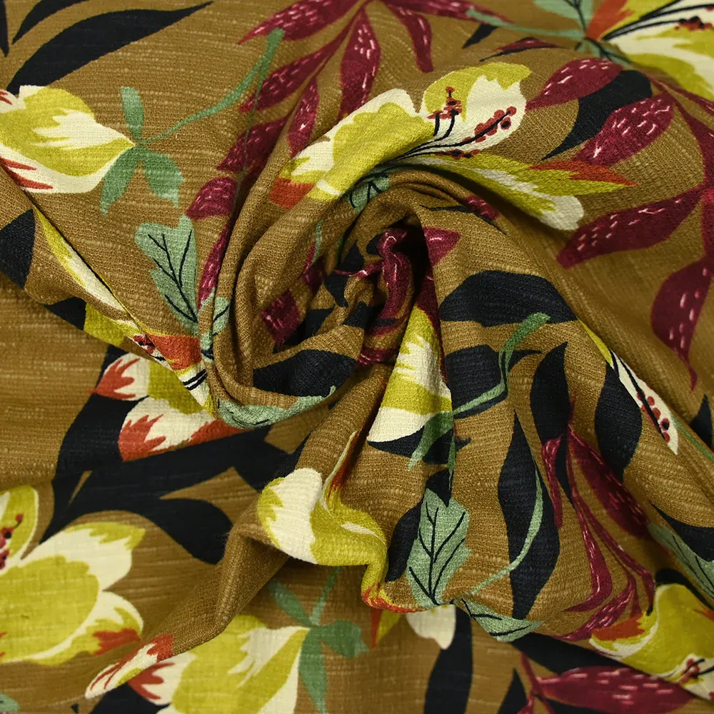 Coton élasthanne imprimé doupionné grandes fleurs fond moutarde – Image 2