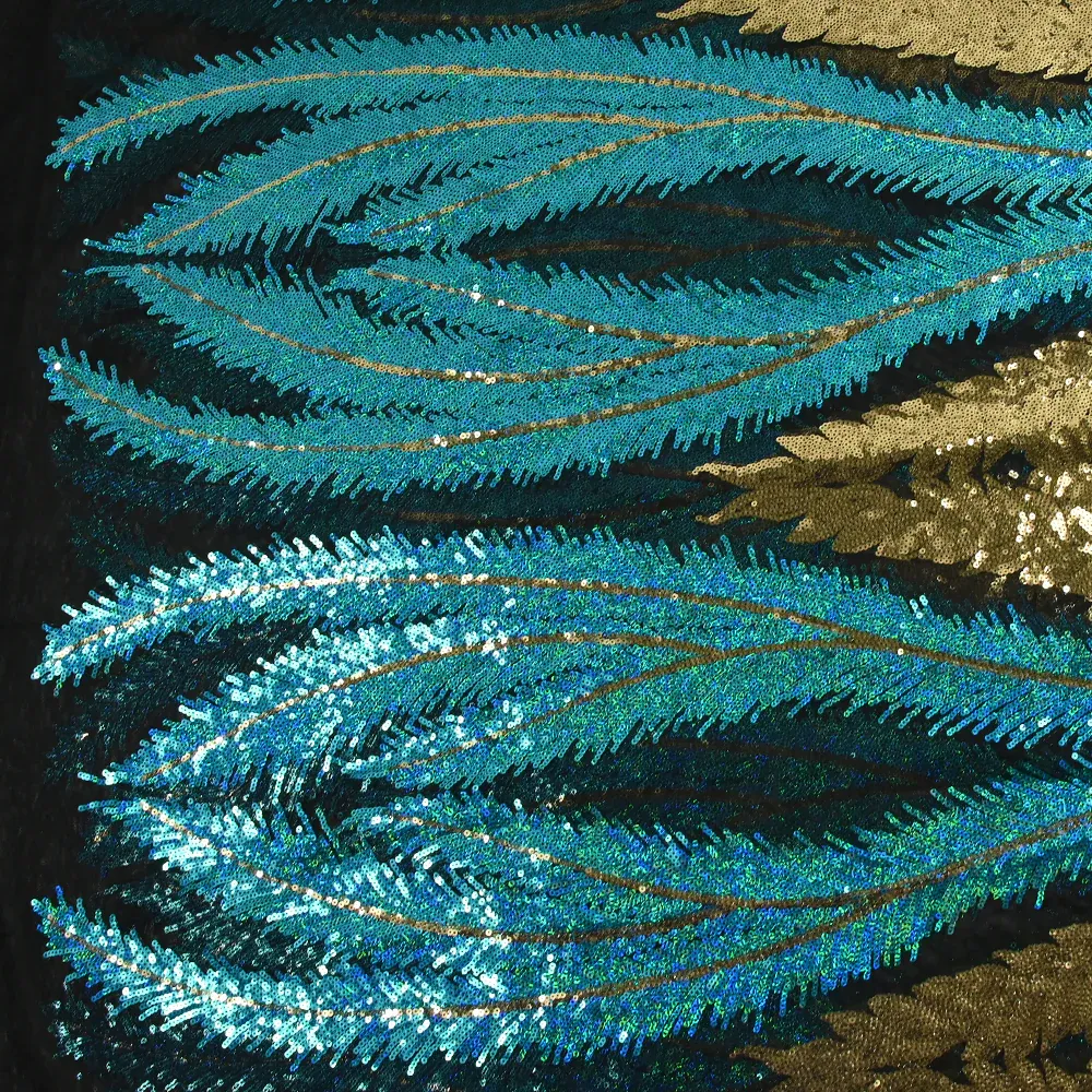 Tulle sequin plumes royales or et bleu turquoise – Image 4