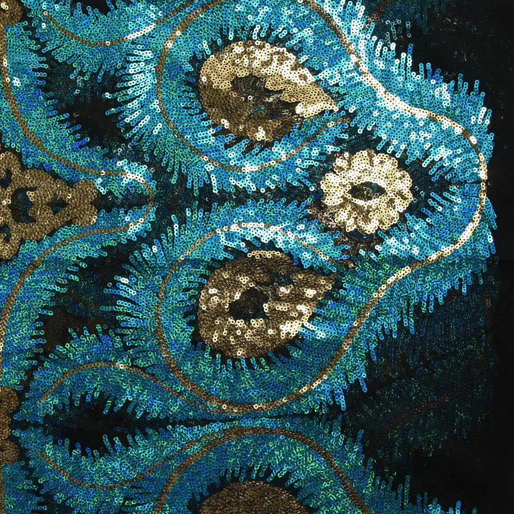 Tulle sequin plumes royales or et bleu turquoise – Image 6
