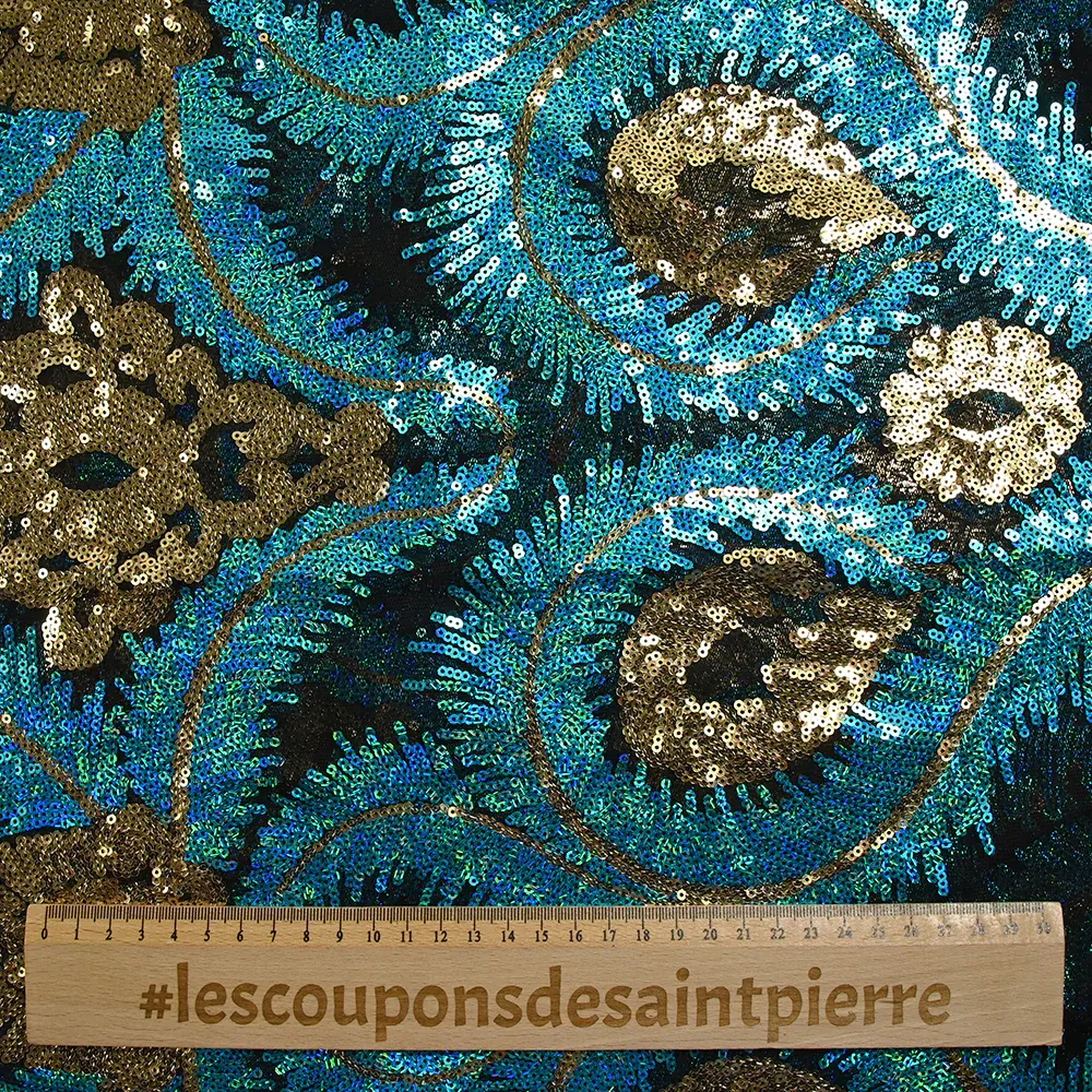 Tulle sequin plumes royales or et bleu turquoise – Image 7