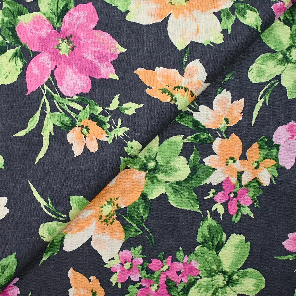 Lin viscose imprimé printemps fleuri fond bleu ardoise foncé – Image 4