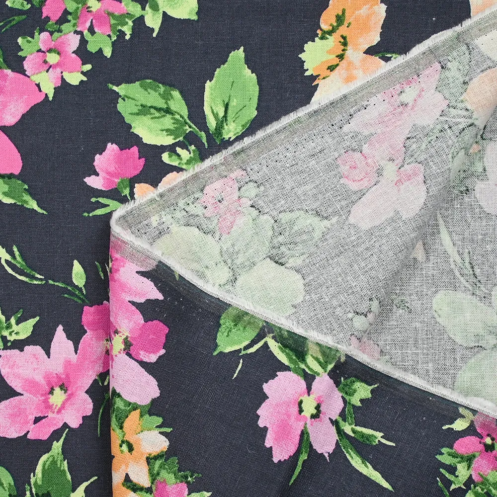 Lin viscose imprimé printemps fleuri fond bleu ardoise foncé – Image 5