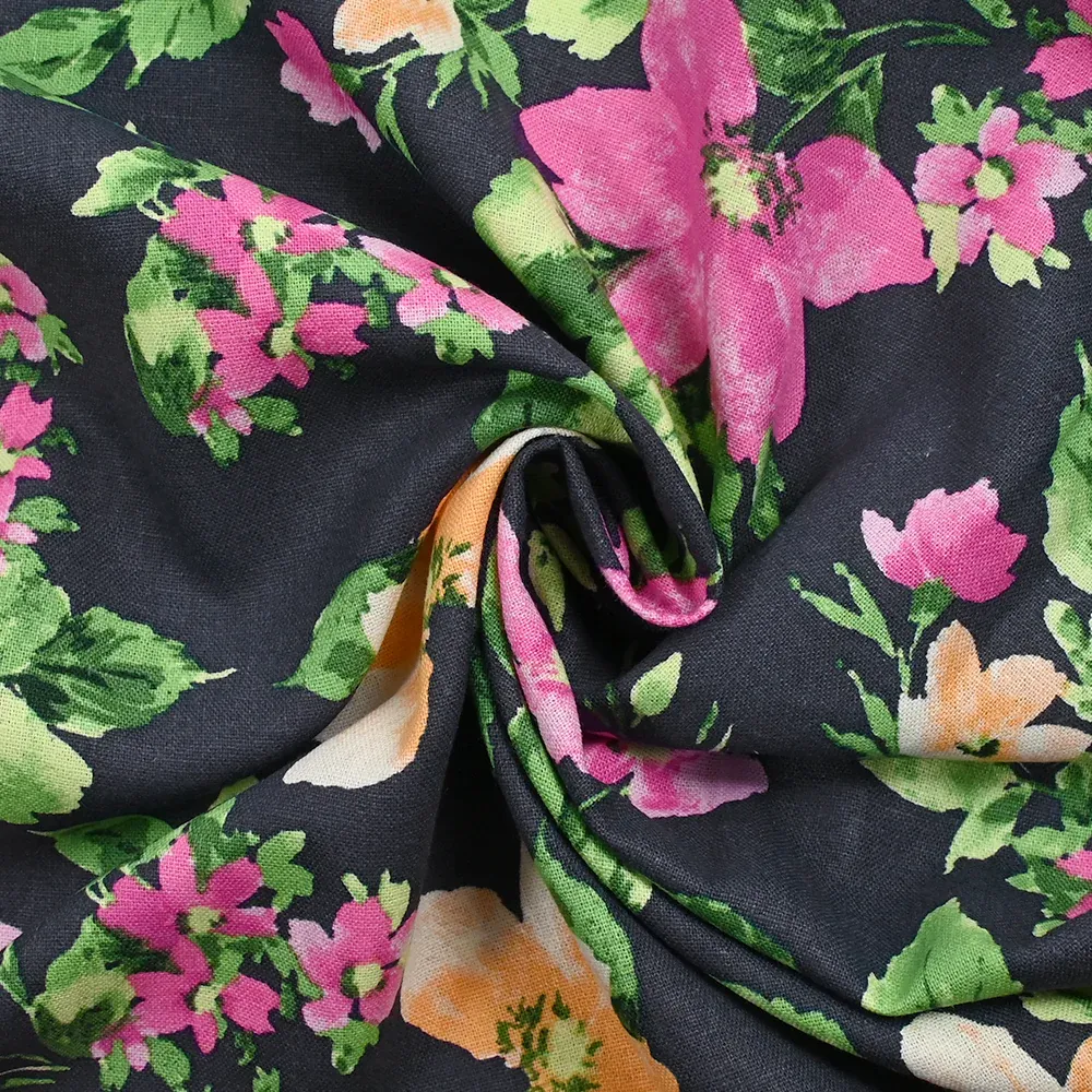 Lin viscose imprimé printemps fleuri fond bleu ardoise foncé – Image 2