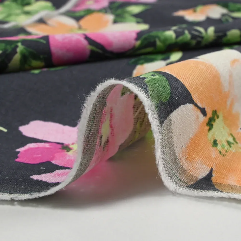 Lin viscose imprimé printemps fleuri fond bleu ardoise foncé – Image 6