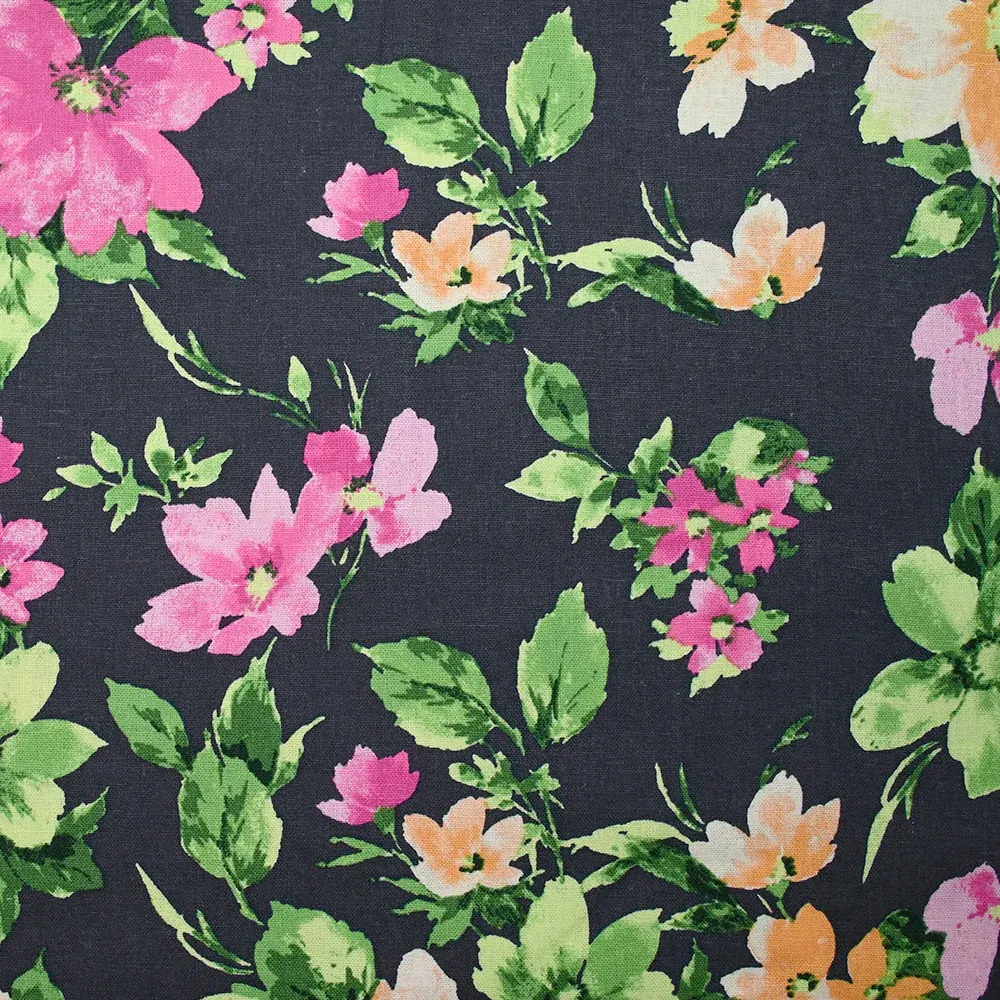 Lin viscose imprimé printemps fleuri fond bleu ardoise foncé